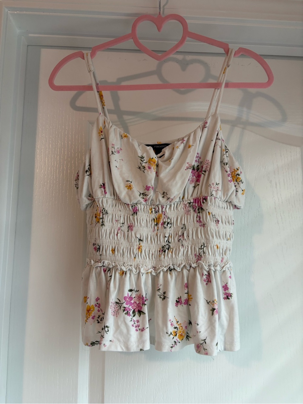 Forever 21 White Floral Smocked Cami with Pink & Yellow Flowers